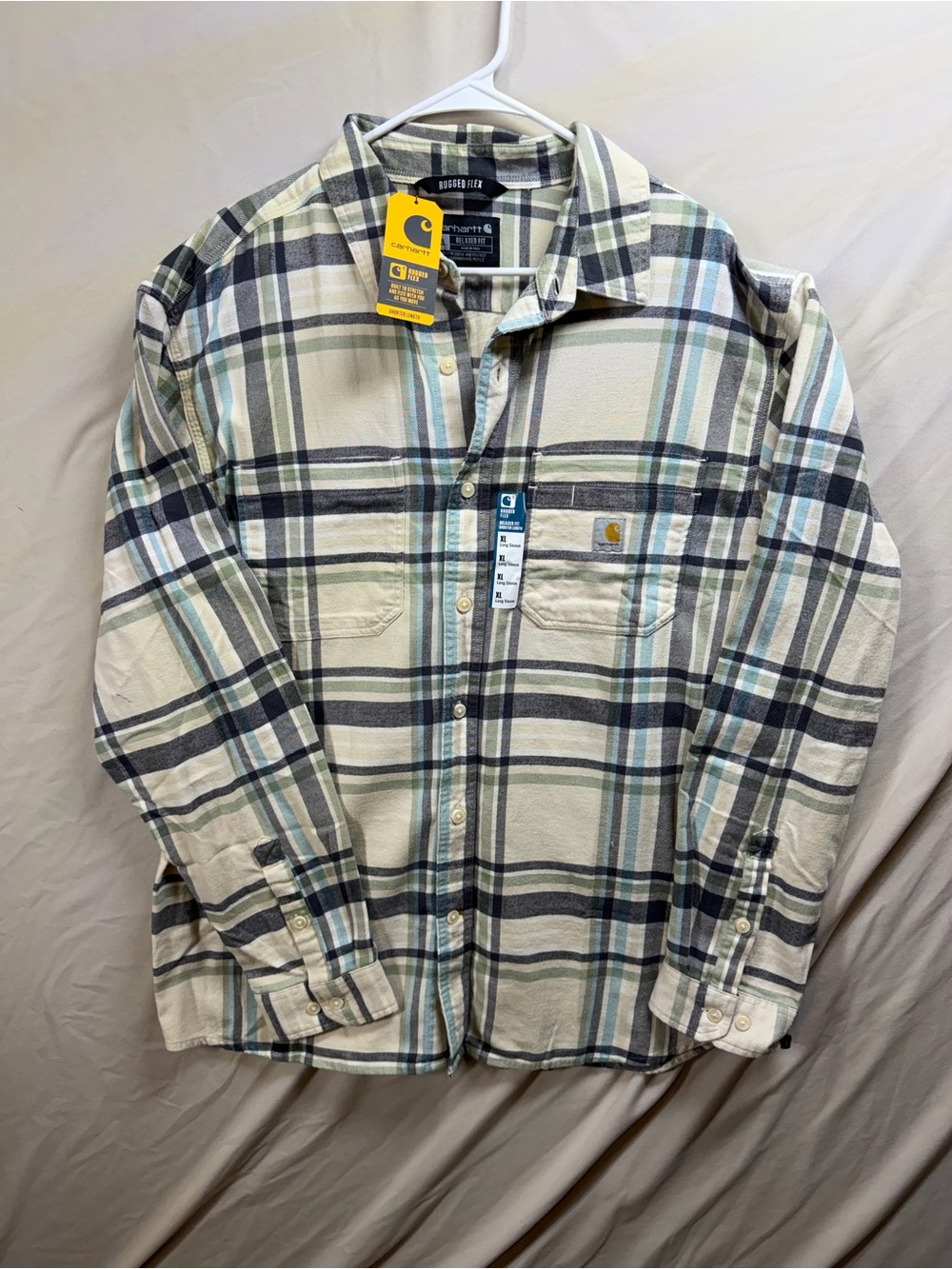 Carhartt Cream, Blue & Gray Plaid Flannel Button-Up